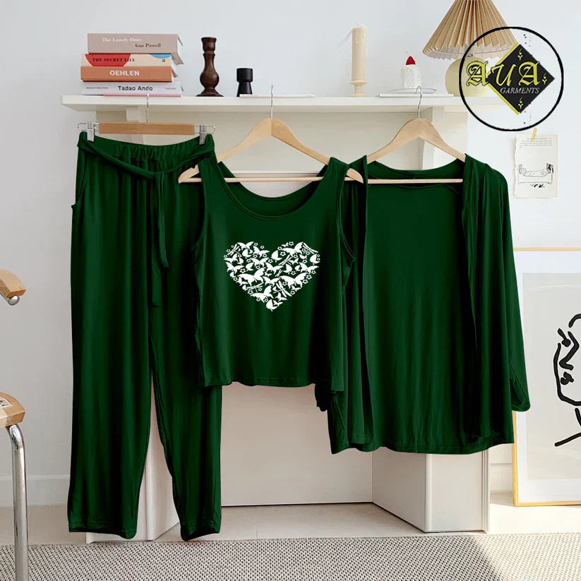 T Green  3 Piece Lounge wear Nightwear Sleepwear For Women