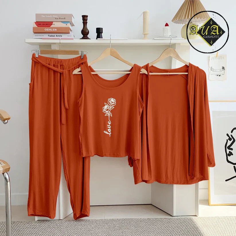 Brown 3 Piece Lounge wear Nightwear Sleepwear For Women