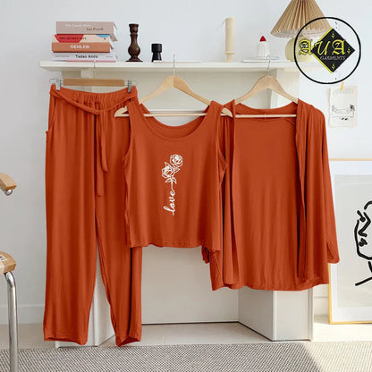 Brown 3 Piece Lounge wear Nightwear Sleepwear For Women