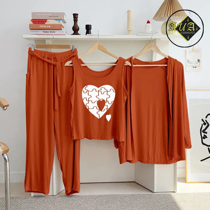Brown 3 Piece Lounge wear Nightwear Sleepwear For Women