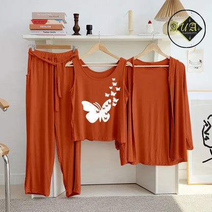 Brown 3 Piece Lounge wear Nightwear Sleepwear For Women