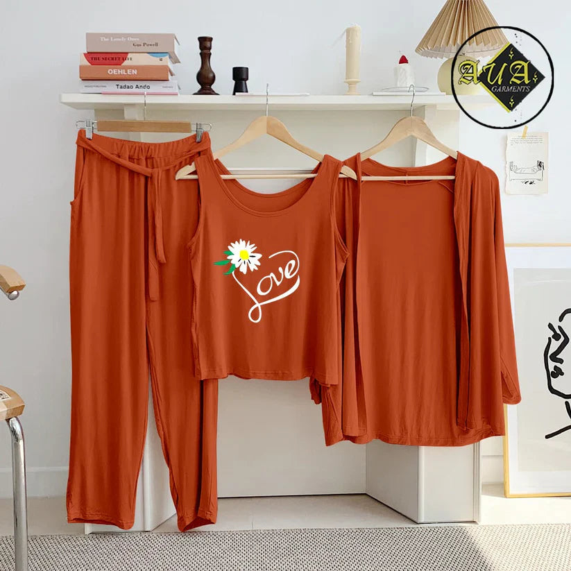 Brown 3 Piece Lounge wear Nightwear Sleepwear For Women