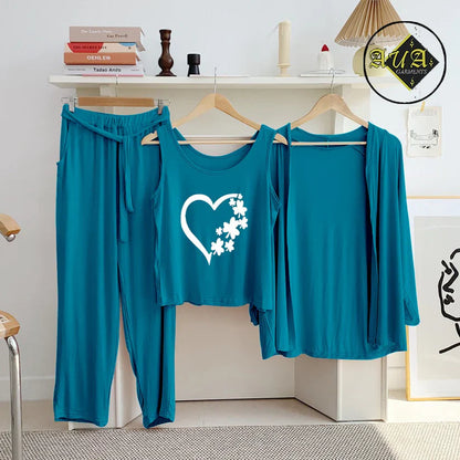 3 Piece Lounge wear Nightwear Sleepwear For Women Aqua Blue