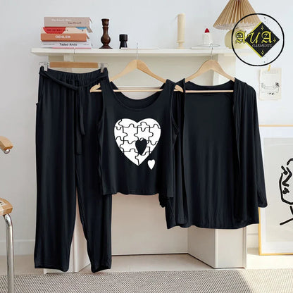 3 Piece Lounge wear Nightwear Sleepwear For Women Black