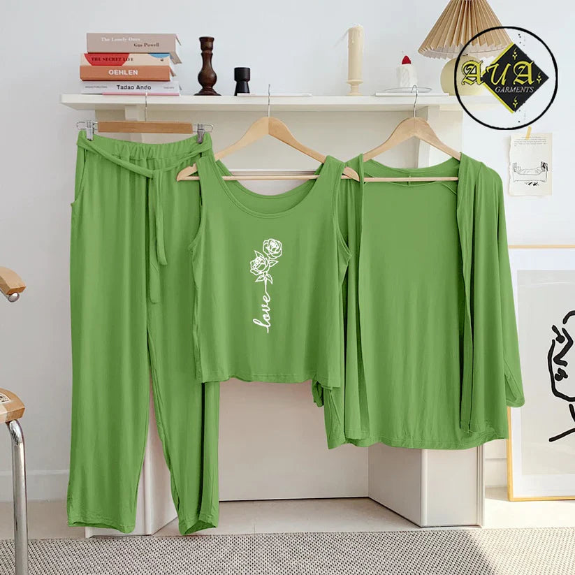 Sea Green 3 Piece Lounge wear Nightwear Sleepwear For Women