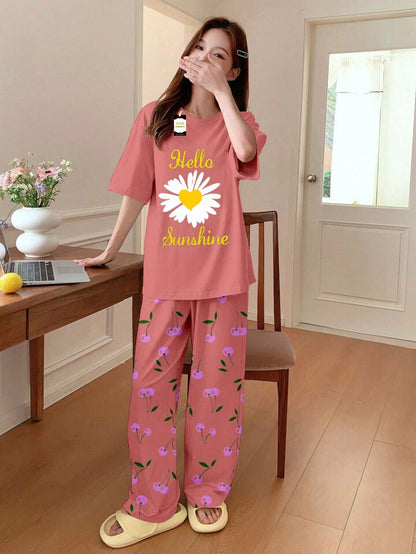Printed Half-Sleeved Vest For Leisure Home Wear Female Sleepwear Night Dress