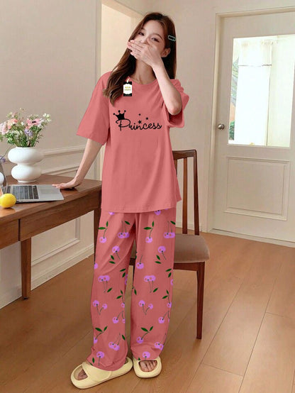 Printed Half-Sleeved Vest For Leisure Home Wear Female Sleepwear Night Dress