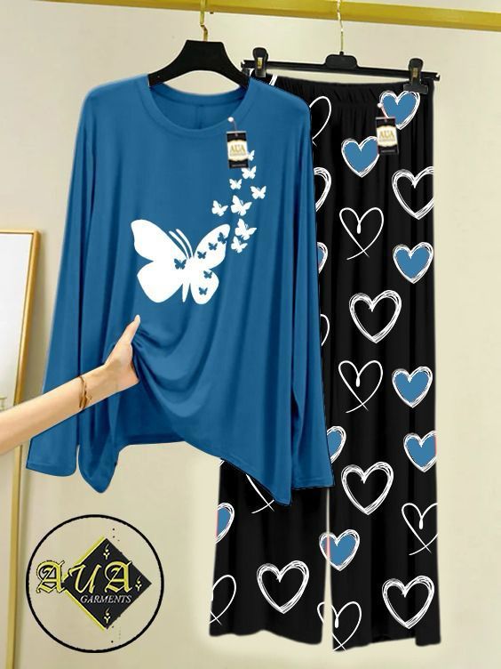 Aqua Blue Color Heart Printed Trouser Lounge wear Nightwear Sleepwear With Heart Prinred Trouser For Women