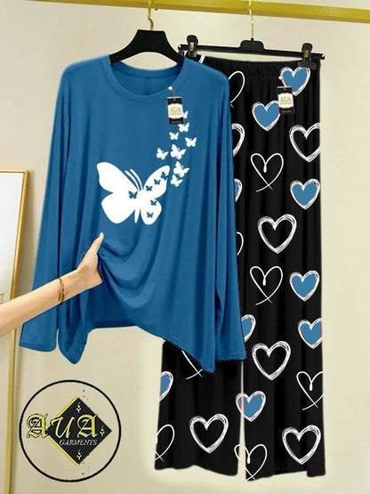 Aqua Blue Color Heart Printed Trouser Lounge wear Nightwear Sleepwear With Heart Prinred Trouser For Women