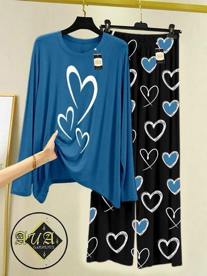 Aqua Blue Color Heart Printed Trouser Lounge wear Nightwear Sleepwear With Heart Prinred Trouser For Women