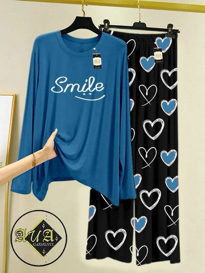 Aqua Blue Color Heart Printed Trouser Lounge wear Nightwear Sleepwear With Heart Prinred Trouser For Women