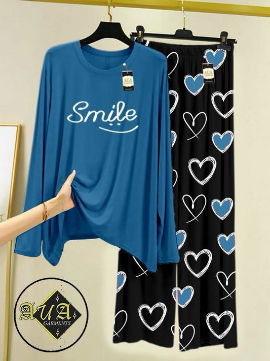 Aqua Blue Color Heart Printed Trouser Lounge wear Nightwear Sleepwear With Heart Prinred Trouser For Women