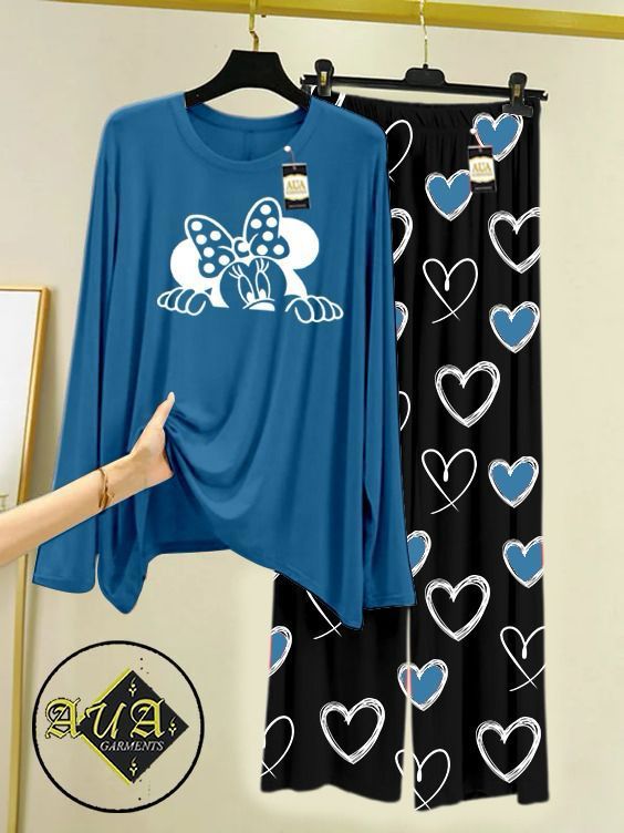Aqua Blue Color Heart Printed Trouser Lounge wear Nightwear Sleepwear With Heart Prinred Trouser For Women