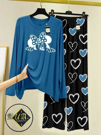 Aqua Blue Color Heart Printed Trouser Lounge wear Nightwear Sleepwear With Heart Prinred Trouser For Women