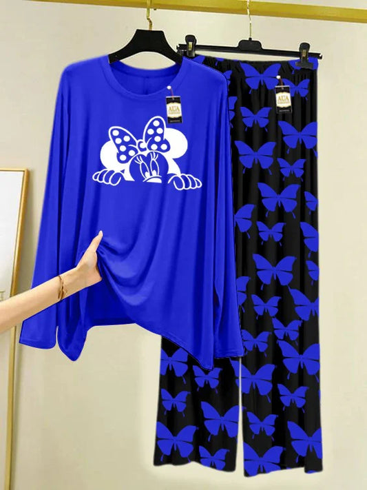 Navy Printed Nightwear Set With Black Butterfly Printed Trousers – Women's Lounge Wear
