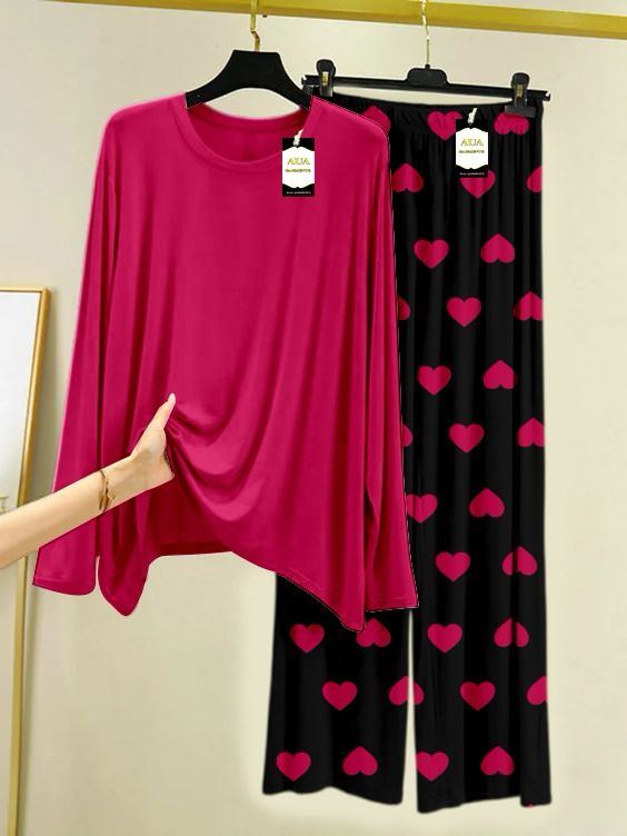 Plan Printed Nightwear Set with Black Mini Heart Printed Trousers – Women's Lounge Wear