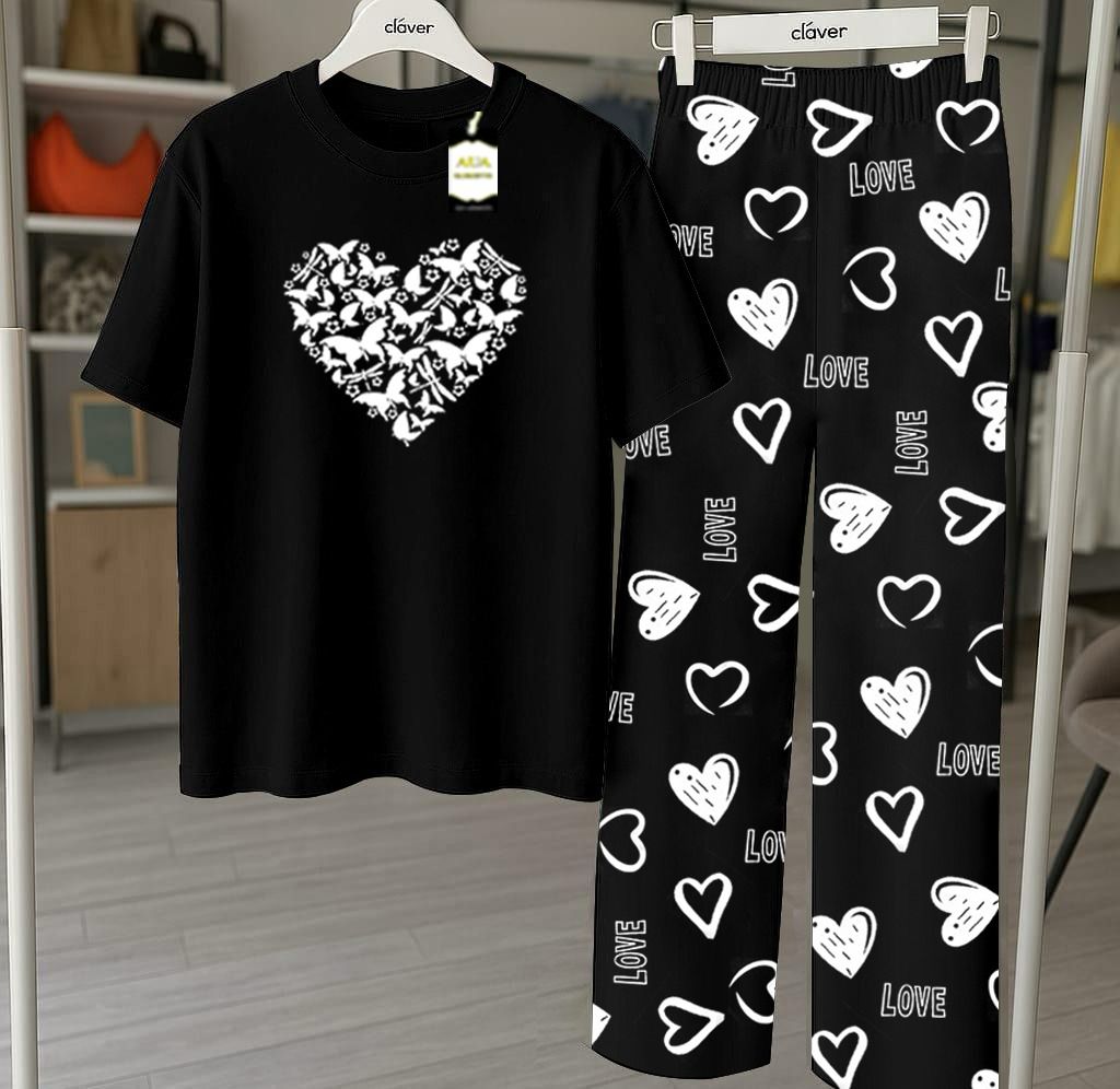 Black Printed Nightwear Set With Love Heart Printed Trousers – Women's Lounge Wear