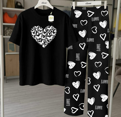 Black Printed Nightwear Set With Love Heart Printed Trousers – Women's Lounge Wear