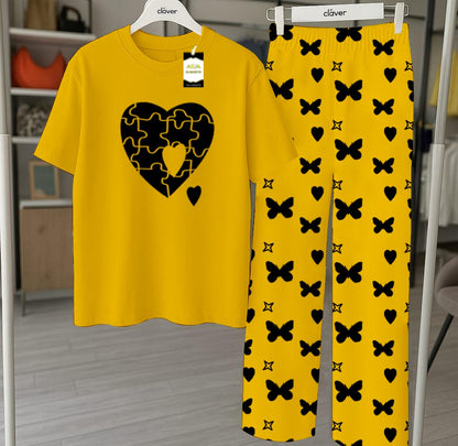 Yellow Printed Nightwear Set With Star Butterfly Printed Trousers – Women's Lounge Wear