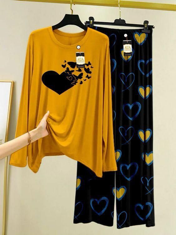 Yellow Color Heart Printed Trouser Lounge wear Nightwear Sleepwear With Heart Prinred Trouser For Women