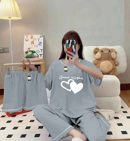 3-Piece Cami Nightwear Set for Women with Elegant White Borders Grey