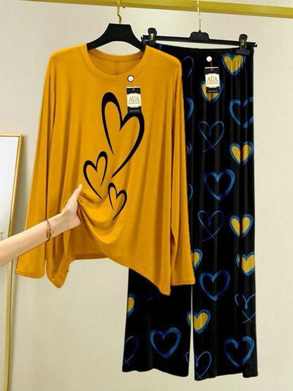 Yellow Color Heart Printed Trouser Lounge wear Nightwear Sleepwear With Heart Prinred Trouser For Women