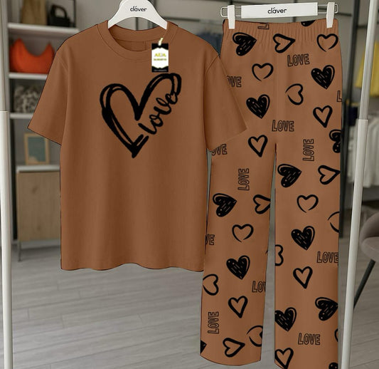 Light Brown Printed Nightwear Set With Love Heart Printed Trousers – Women's Lounge Wear