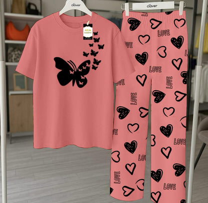 Peach Printed Nightwear Set With Love Heart Printed Trousers – Women's Lounge Wear
