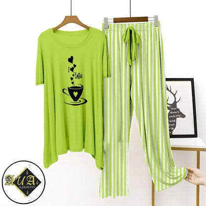 Green Lining Trouser Printed Night Suit with Luxurious Lining Pajamas Stylish Sleepwear Set for a Cozy Night's Rest