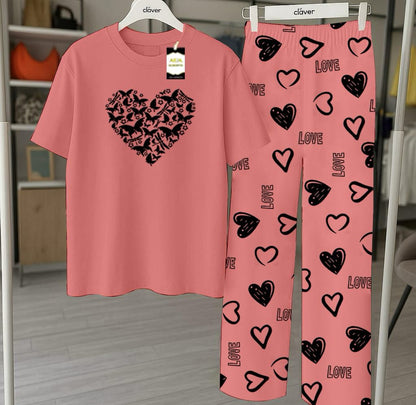 Peach Printed Nightwear Set With Love Heart Printed Trousers – Women's Lounge Wear