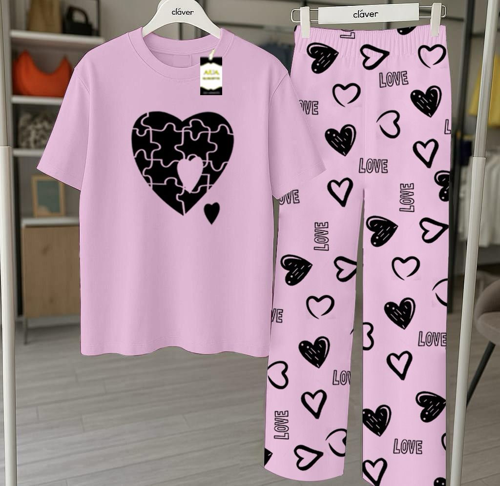 Purple Printed Nightwear Set With Love Heart Printed Trousers – Women's Lounge Wear