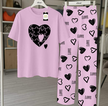 Purple Printed Nightwear Set With Love Heart Printed Trousers – Women's Lounge Wear
