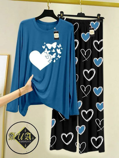 Aqua Blue Color Heart Printed Trouser Lounge wear Nightwear Sleepwear With Heart Prinred Trouser For Women