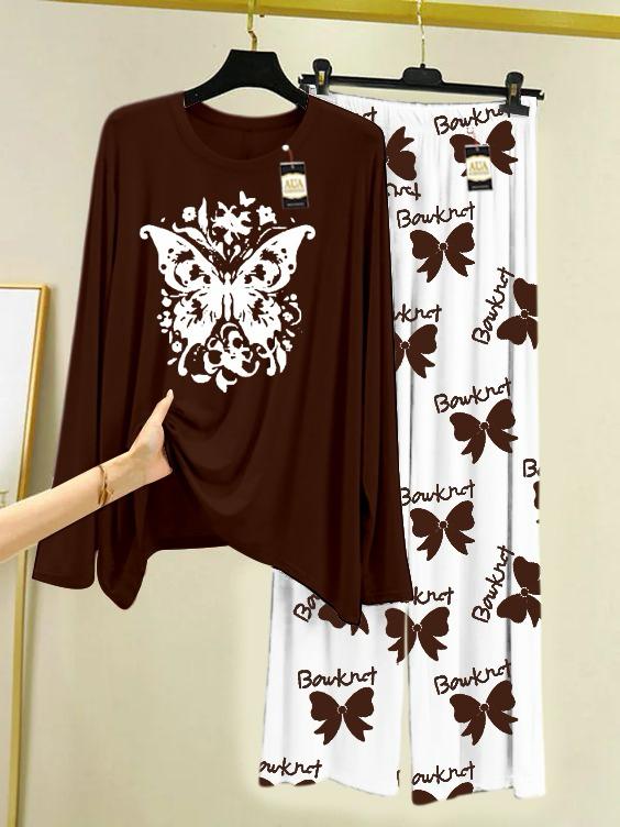 Brown  Printed Nightwear Set with Boo Printed Trousers – Women's Lounge Wear