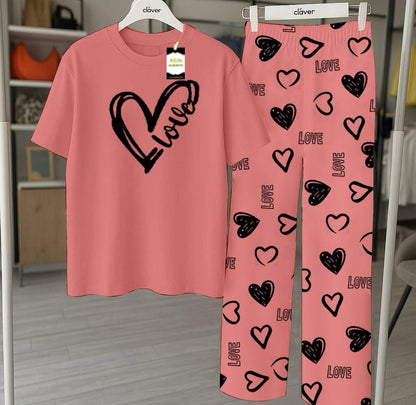 Peach Printed Nightwear Set With Love Heart Printed Trousers – Women's Lounge Wear