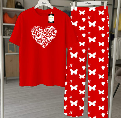 Red Printed Nightwear Set With Star Butterfly Printed Trousers – Women's Lounge Wear