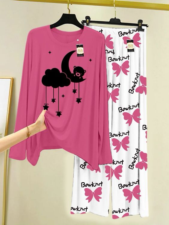 Baby Pink Printed Nightwear Set With Boo Printed Trousers – Women's Lounge Wear