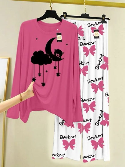 Baby Pink Printed Nightwear Set With Boo Printed Trousers – Women's Lounge Wear