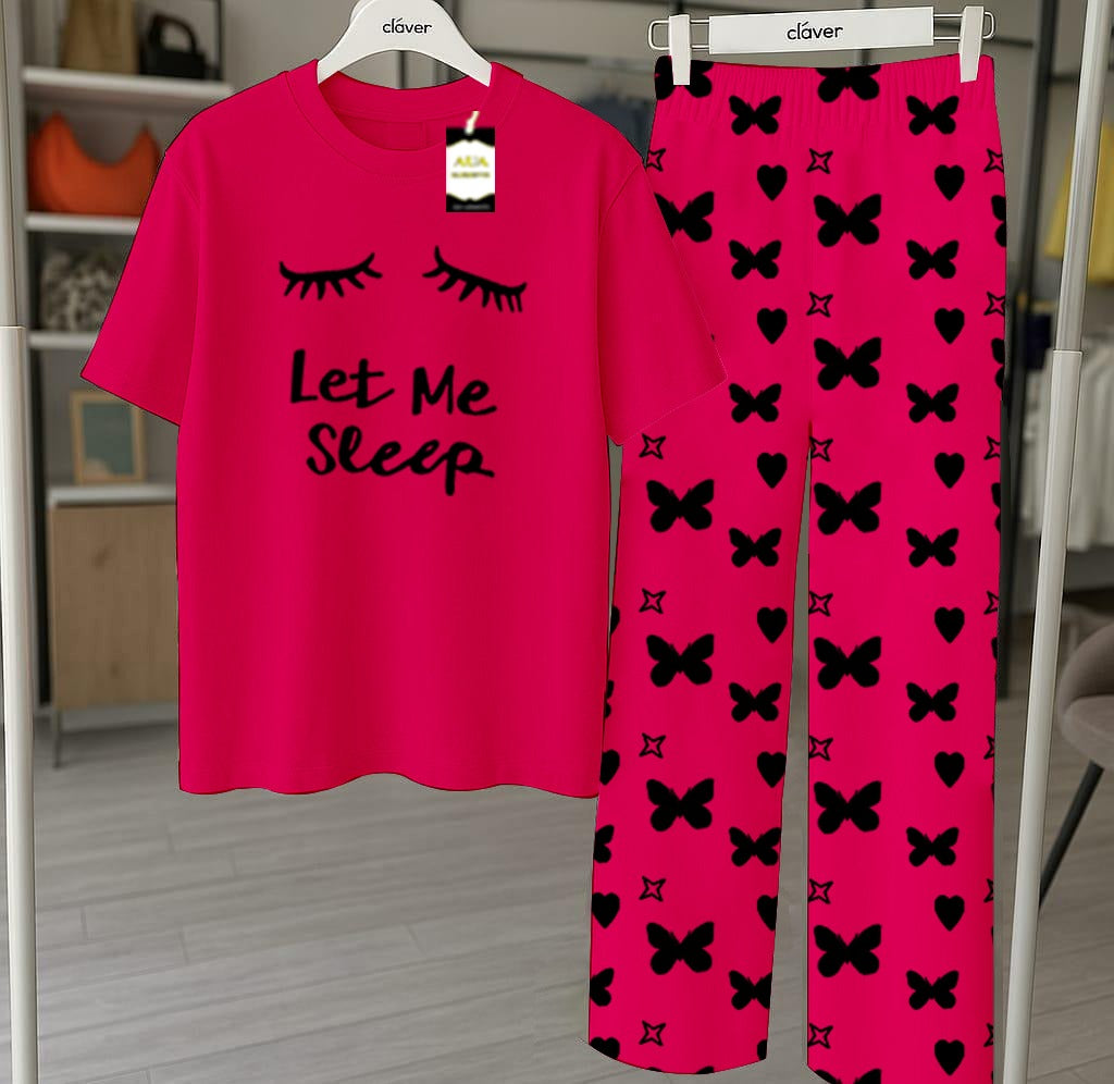 Pink  Nightwear Set With Star Butterfly Printed Trousers – Women's Lounge Wear