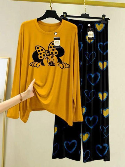Yellow Color Heart Printed Trouser Lounge wear Nightwear Sleepwear With Heart Prinred Trouser For Women