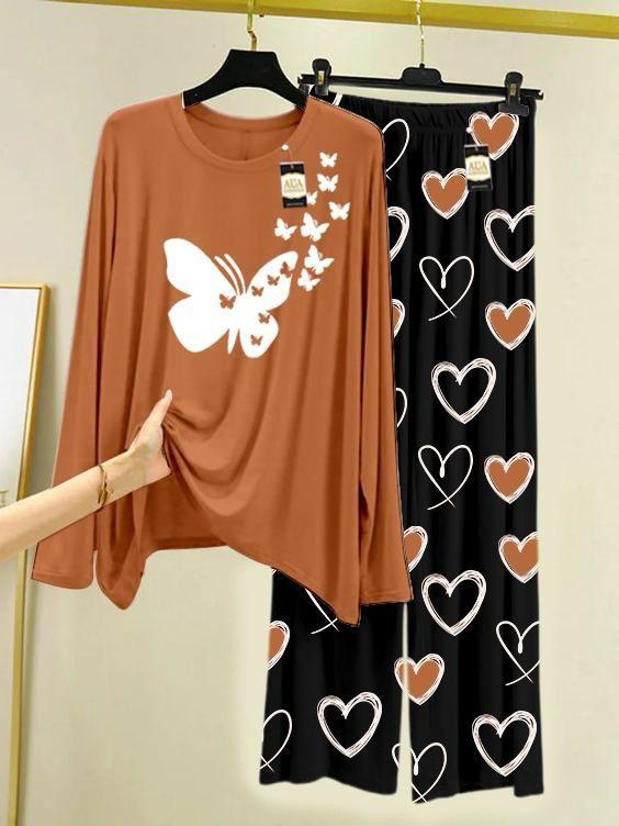 Brown Color Heart Printed Trouser Lounge wear Nightwear Sleepwear With Heart Prinred Trouser For Women