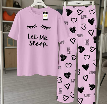 Purple Printed Nightwear Set With Love Heart Printed Trousers – Women's Lounge Wear