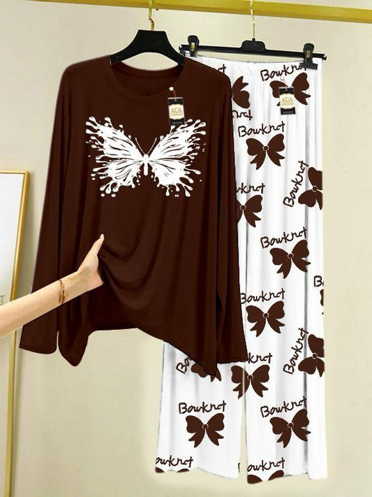 Brown  Printed Nightwear Set with Boo Printed Trousers – Women's Lounge Wear