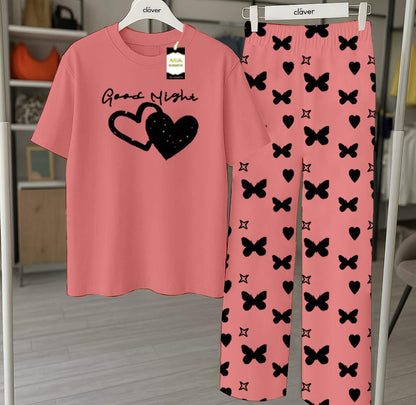 Peach Printed Nightwear Set With Star Butterfly Printed Trousers – Women's Lounge Wear