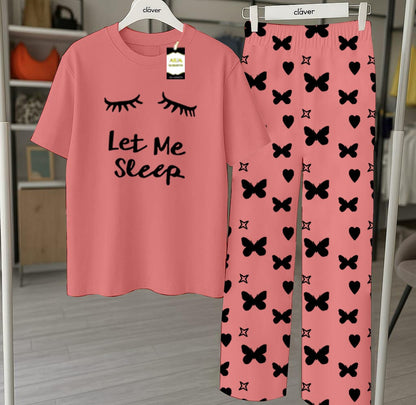 Peach Printed Nightwear Set With Star Butterfly Printed Trousers – Women's Lounge Wear