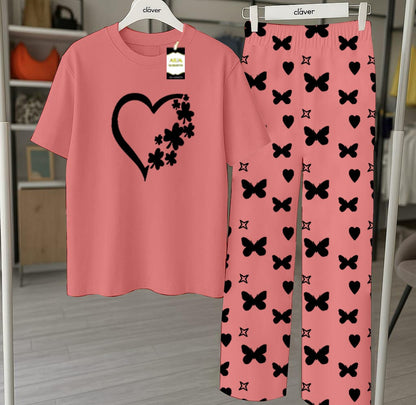 Peach Printed Nightwear Set With Star Butterfly Printed Trousers – Women's Lounge Wear