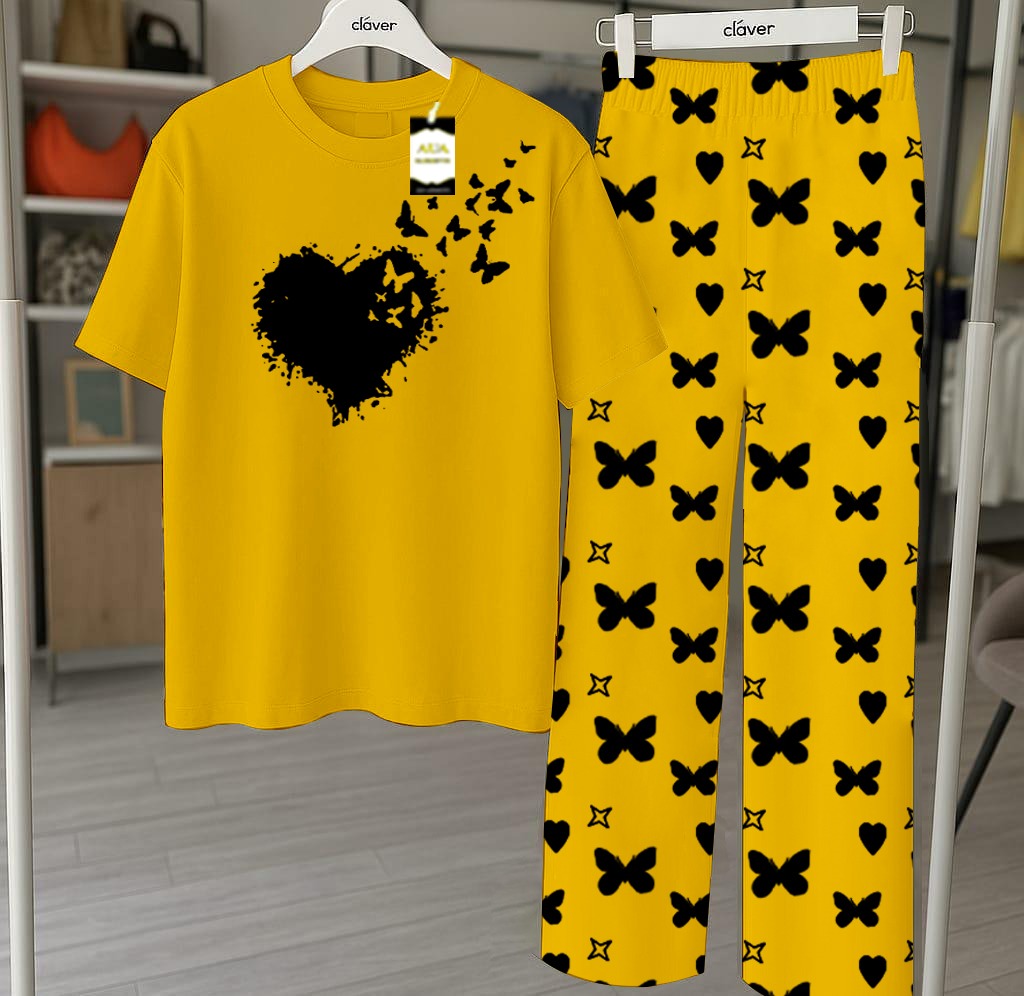 Yellow Printed Nightwear Set With Star Butterfly Printed Trousers – Women's Lounge Wear