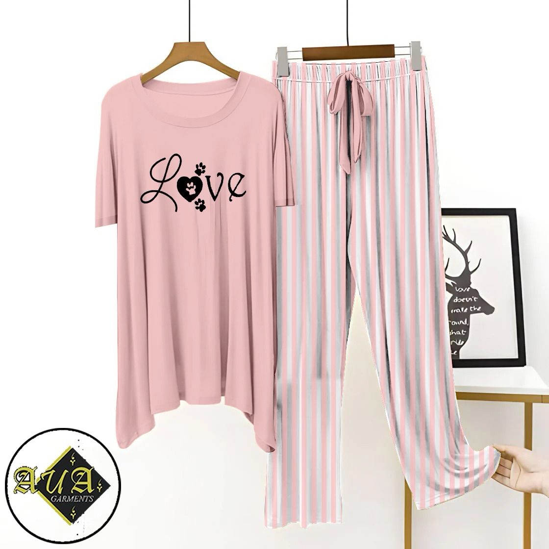 LIght Pink Printed Night Suit with Luxurious Lining Pajamas Stylish Sleepwear Set for a Cozy Night's Rest