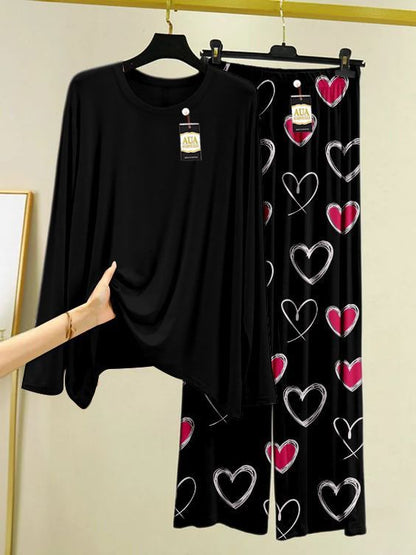 Plain Color Heart Printed Trouser Lounge wear Nightwear Sleepwear With Heart Printed Trouser For Women