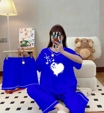 3-Piece Cami Nightwear Set for Women with Elegant White Borders Royal Blue